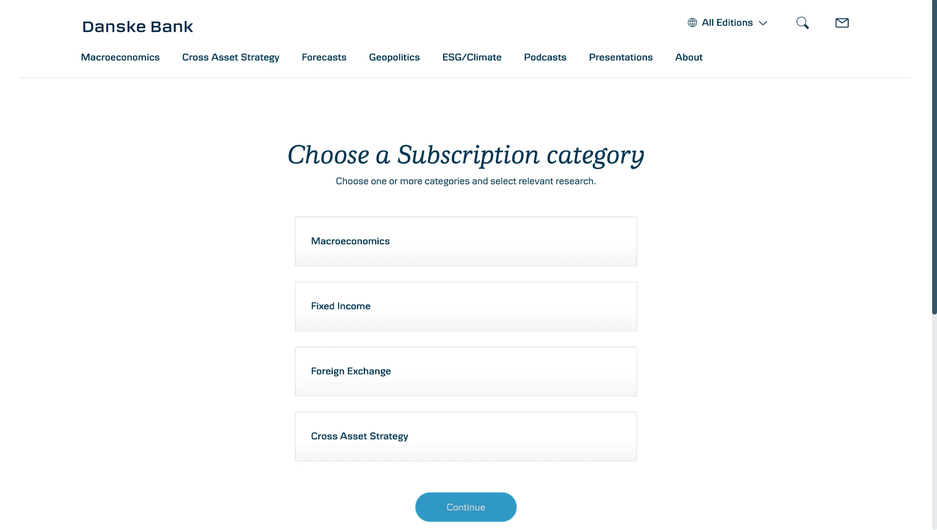 Subscription category selection for Macroeconomics, Fixed Income, Foreign Exchange and Cross Asset Strategy
