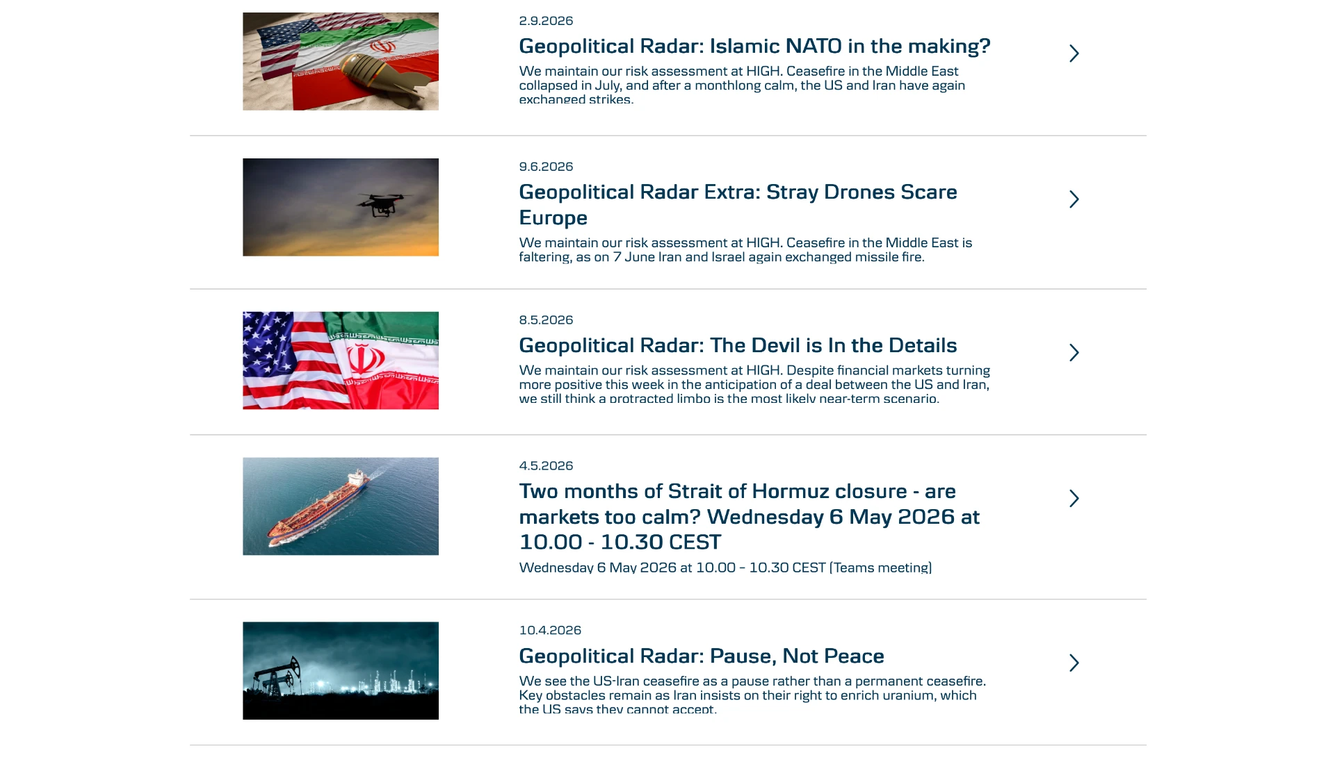 Geopolitical research listing with article thumbnails, dates and summaries