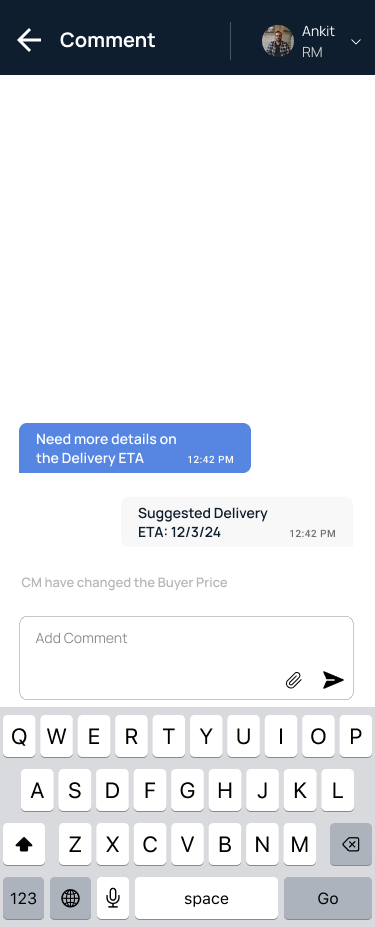 A running comment thread keeps the delivery-ETA back-and-forth attached to the enquiry, not lost in a chat app.