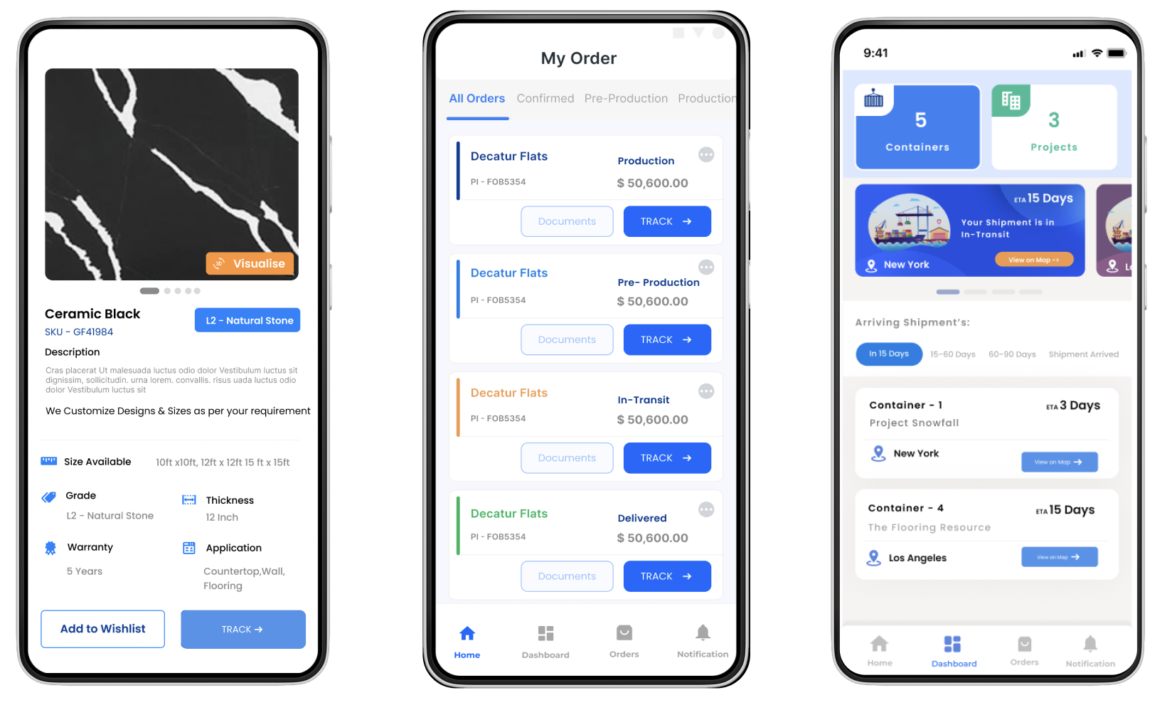 GlobalFair mobile product examples showing product details, order states and shipment visibility built from the shared system.