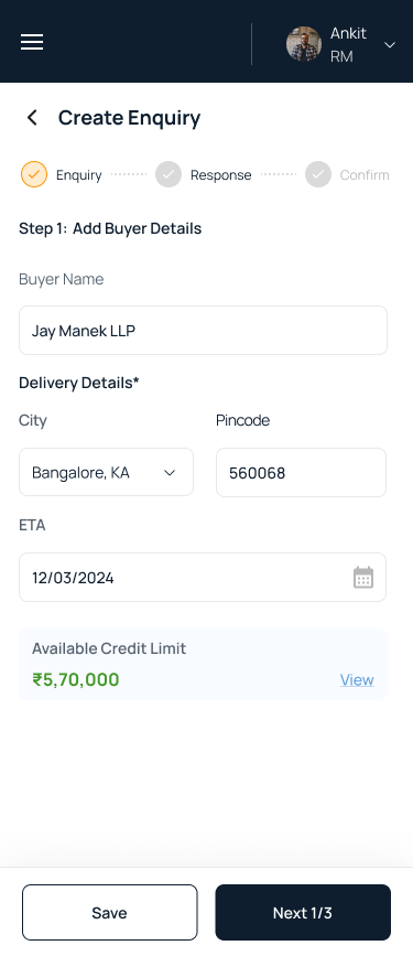 Step 1 — buyer, delivery city, ETA, and available credit shown inline, not buried in a CRM tab.