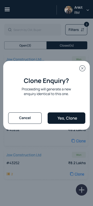 Clone confirms in plain language, because a duplicated ₹80L enquiry is expensive to undo.