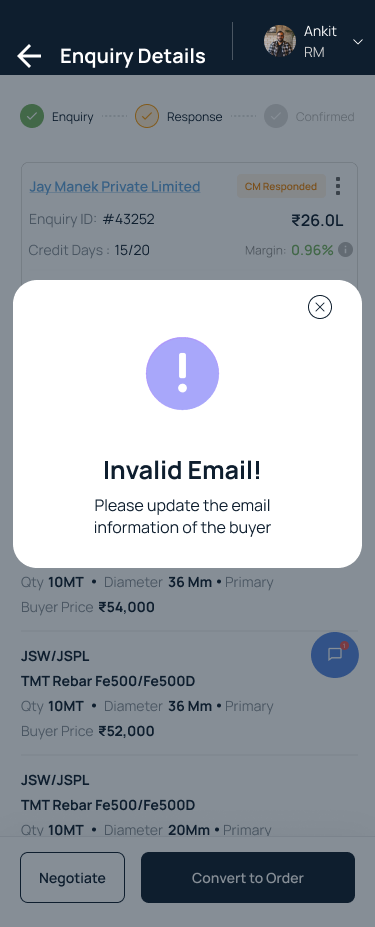 Invalid Email — names the field, points straight back to the buyer record.