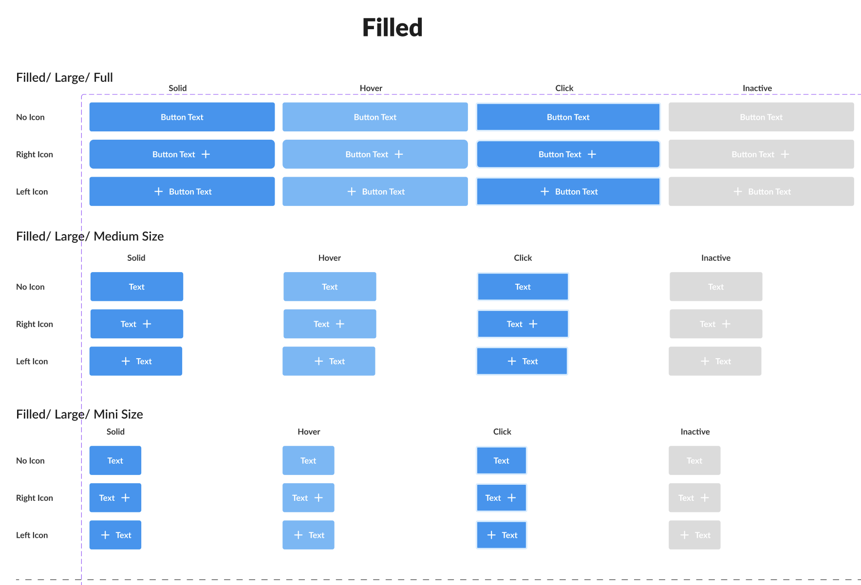 Filled button sizes, icon placements and interaction states.