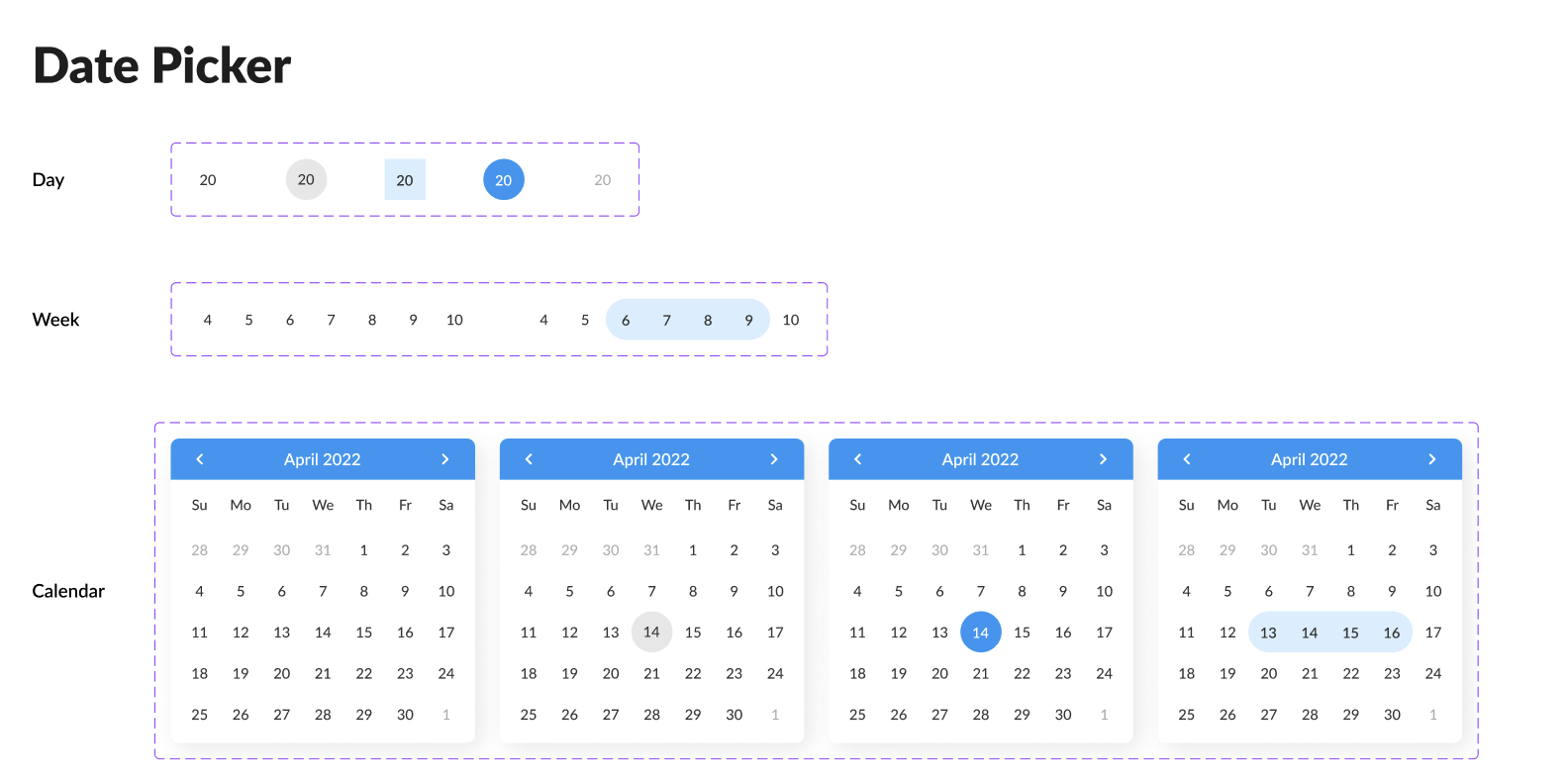 Day, week and calendar date-picker states.
