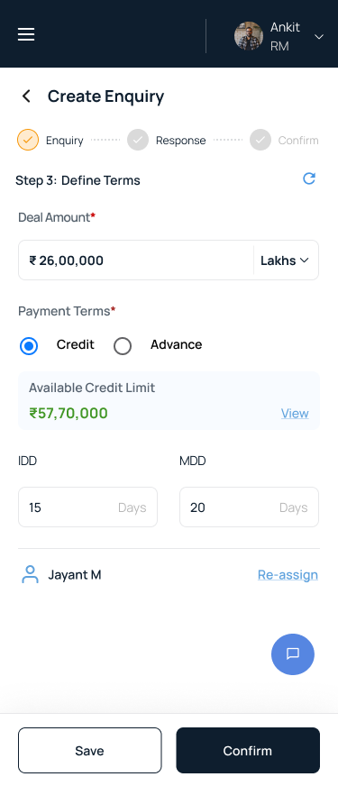 Step 3 — deal amount, credit vs advance, IDD/MDD, and the assigned CM all settled on one screen.