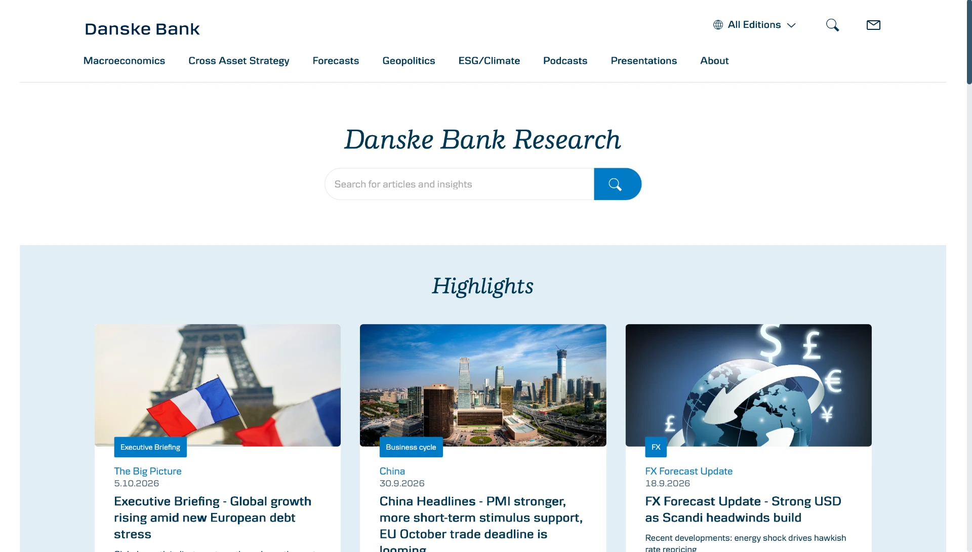 Danske Bank Research homepage with search and highlighted research articles