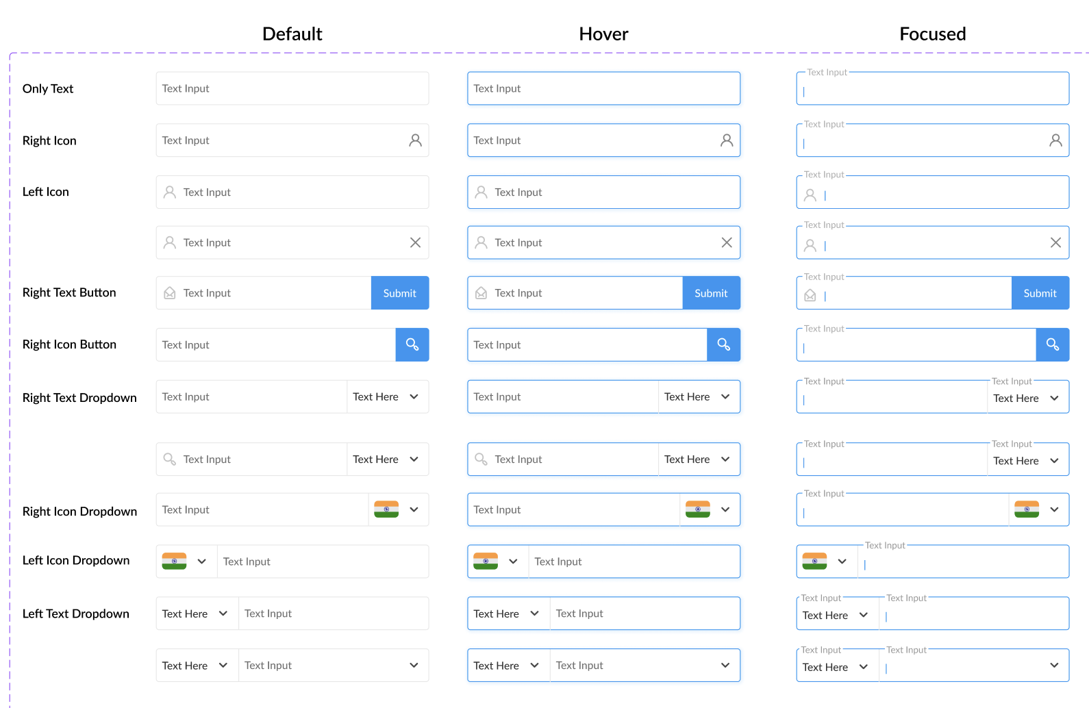 Text-input variants across default, hover and focused states.
