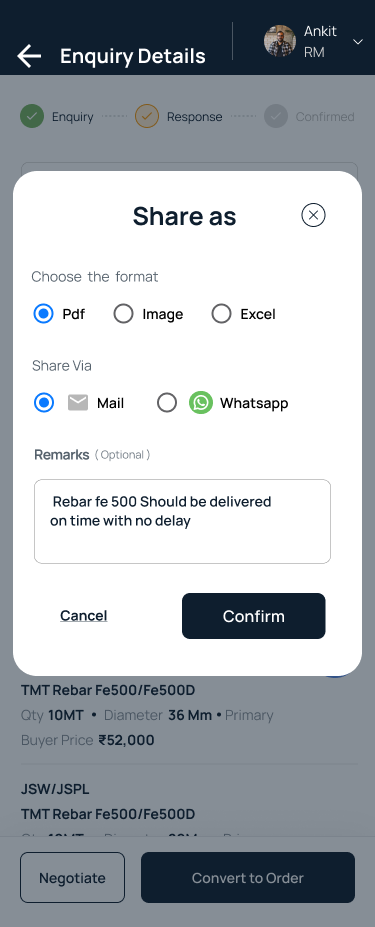 Format and channel picked in the same modal — PDF, Image, or Excel, over Mail or WhatsApp.