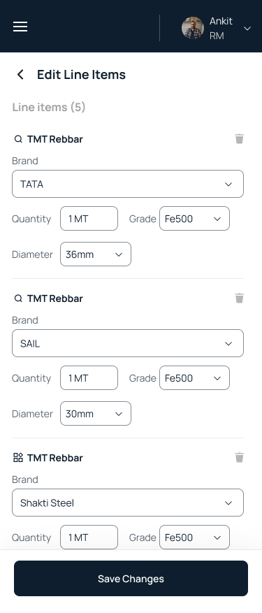 Line items stay editable as a set — brand, grade, diameter and quantity in one dense, scannable card.
