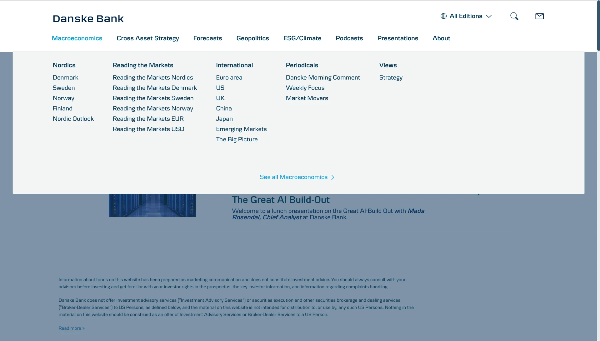 Expanded Macroeconomics menu with regional and research categories