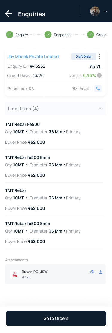 Draft Order — ₹5.7L, margin visible before a single tap in.