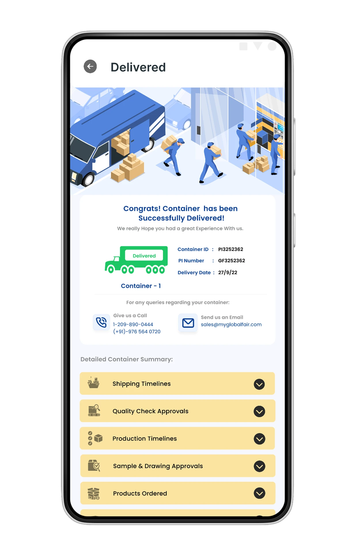 Delivery confirmation with full container summary.