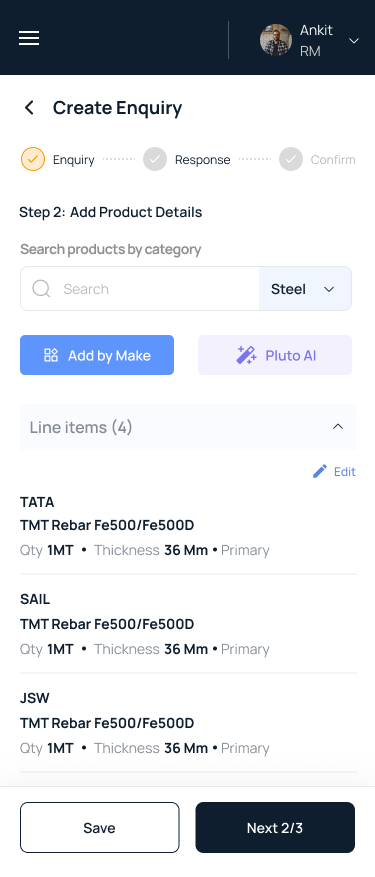 Step 2 — search by category, add by make, or let Pluto AI parse a pasted requirement into line items.