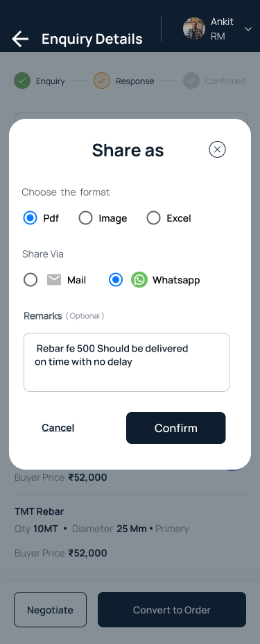 A remarks field carries delivery terms straight into the shared document — no separate email needed.