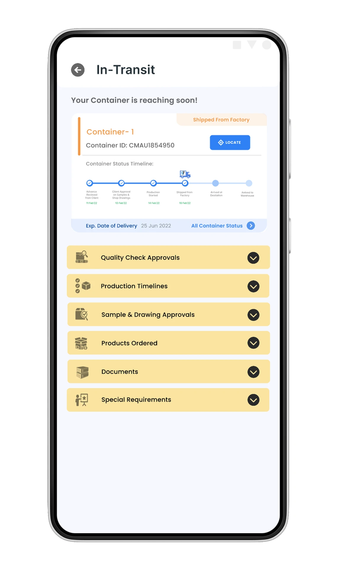 In-transit container timeline with locate and expected delivery.