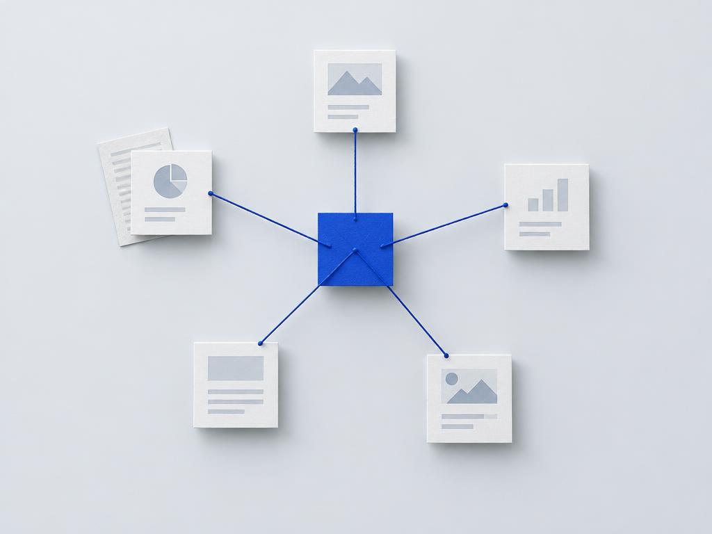 Conceptual illustration of research documents connected to a central insight