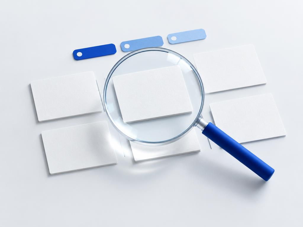 Conceptual illustration of a magnifying glass over research cards and filters